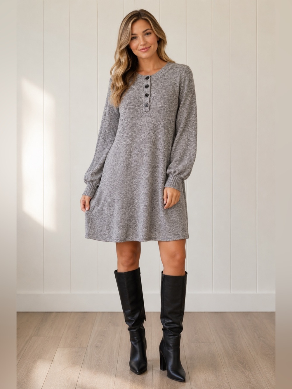 AEO Sweater Dress Cotton Knit Button-Front Long-Sleeve A-Line Preppy Academia L